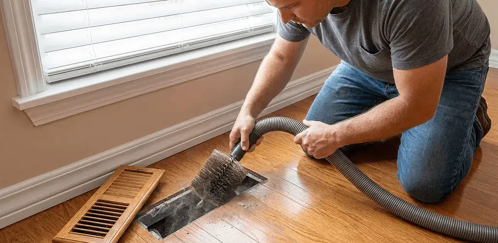 Air duct cleaning technician vacuuming a floor vent and duct opening in Pueblo, CO