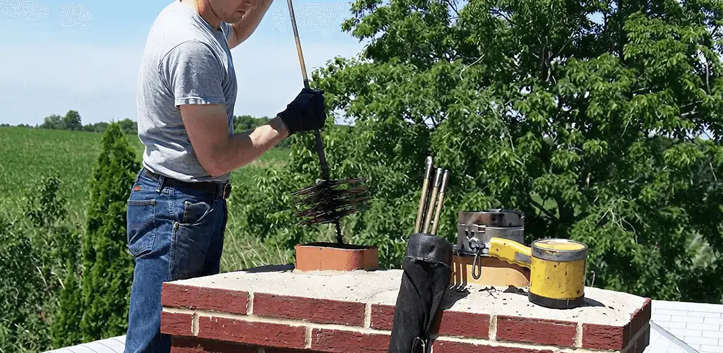 Chimney cleaning technician working on a rooftop chimney with professional tools in Pueblo, CO