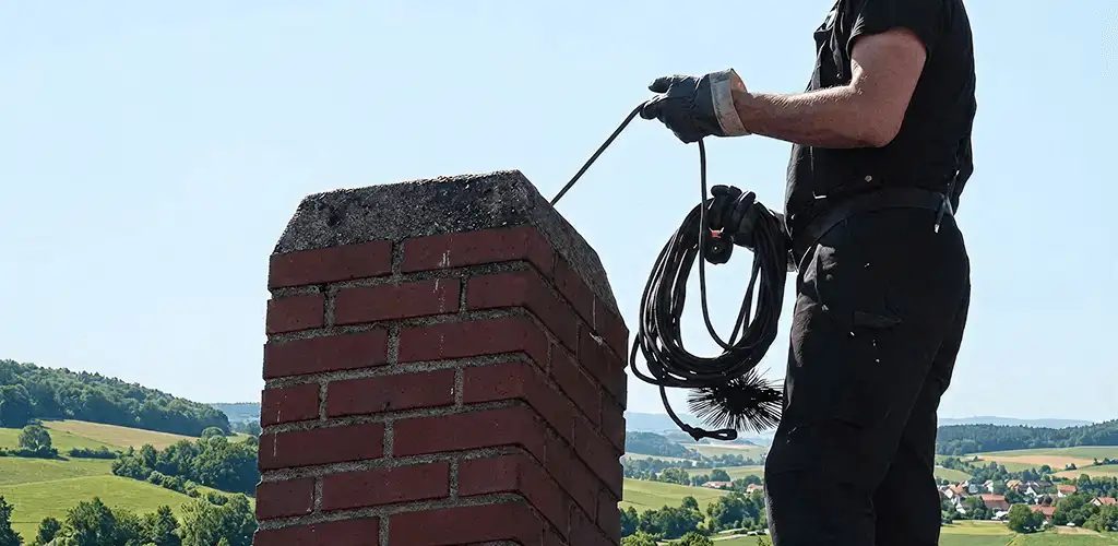 Chimney sweep inspecting and cleaning a rooftop chimney in Pueblo, CO