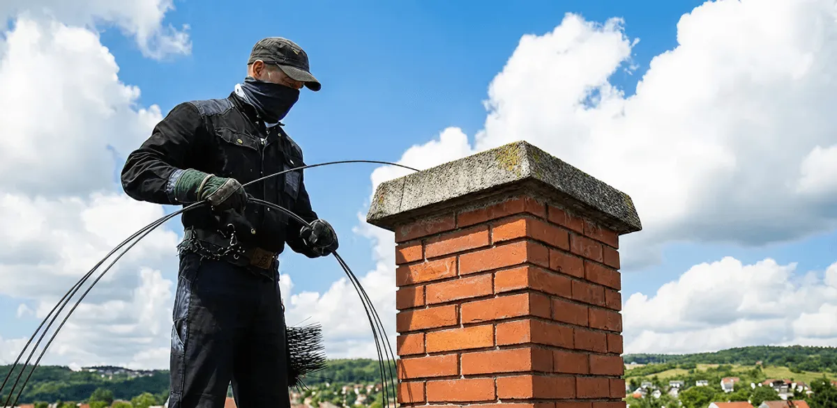Chimney sweep cleaning a brick chimney with professional tools in Pueblo, CO