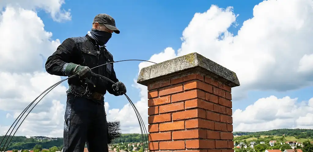 Chimney sweep cleaning a brick chimney with professional tools in Pueblo, CO
