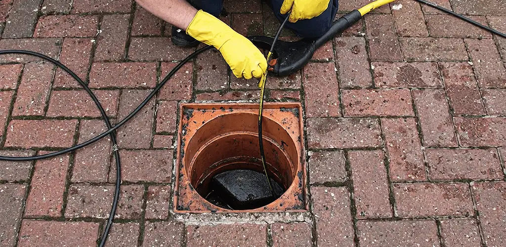 Drain cleaning technician using a drain snake to clear a clogged drain in Pueblo, CO