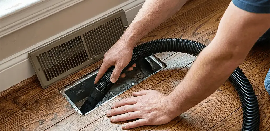 Air duct cleaning technician vacuuming a floor register and duct opening in Pueblo, CO