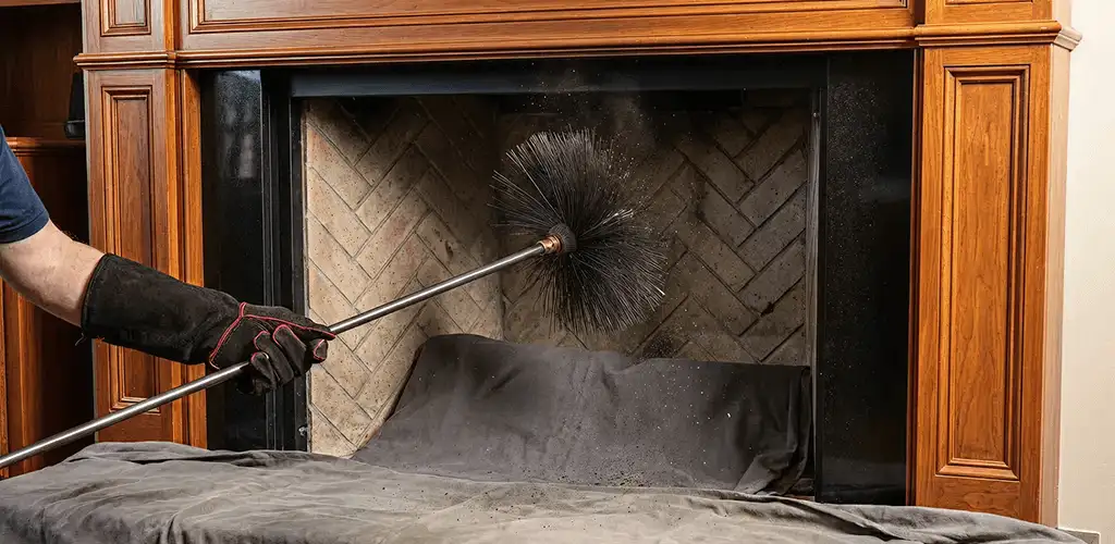 Chimney cleaning service brushing soot from a fireplace and flue in Pueblo, CO