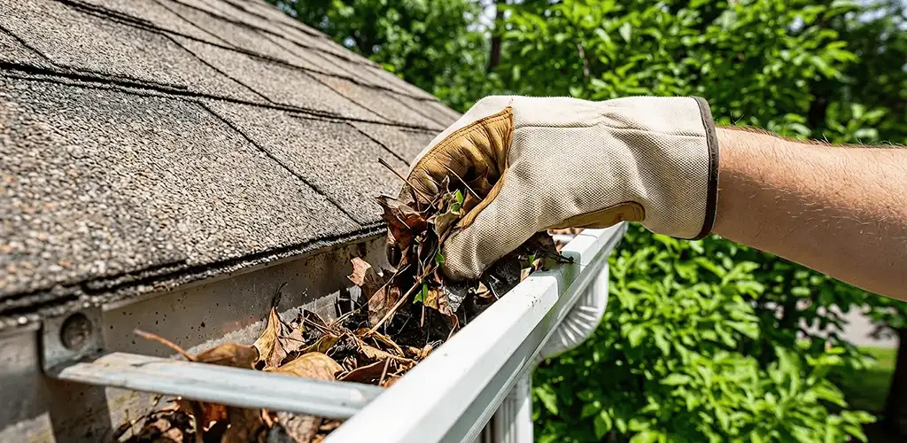 Gutter cleaning removing leaves and debris from roof gutters in Pueblo, CO