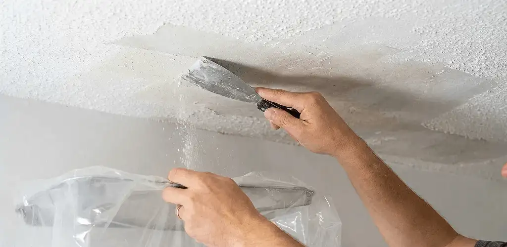 Popcorn ceiling removal technician scraping texture from a ceiling in Pueblo, CO