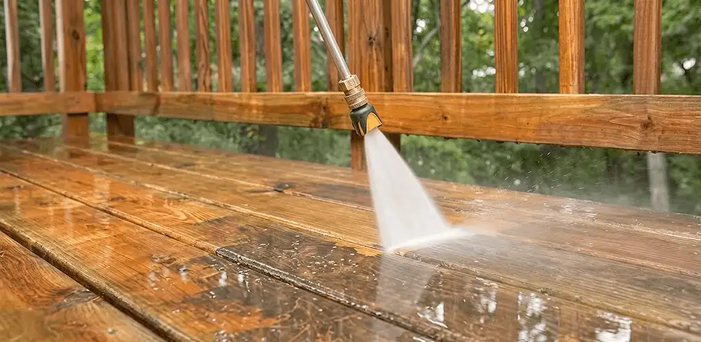 Pressure washing a wood deck to remove dirt and buildup in Pueblo, CO