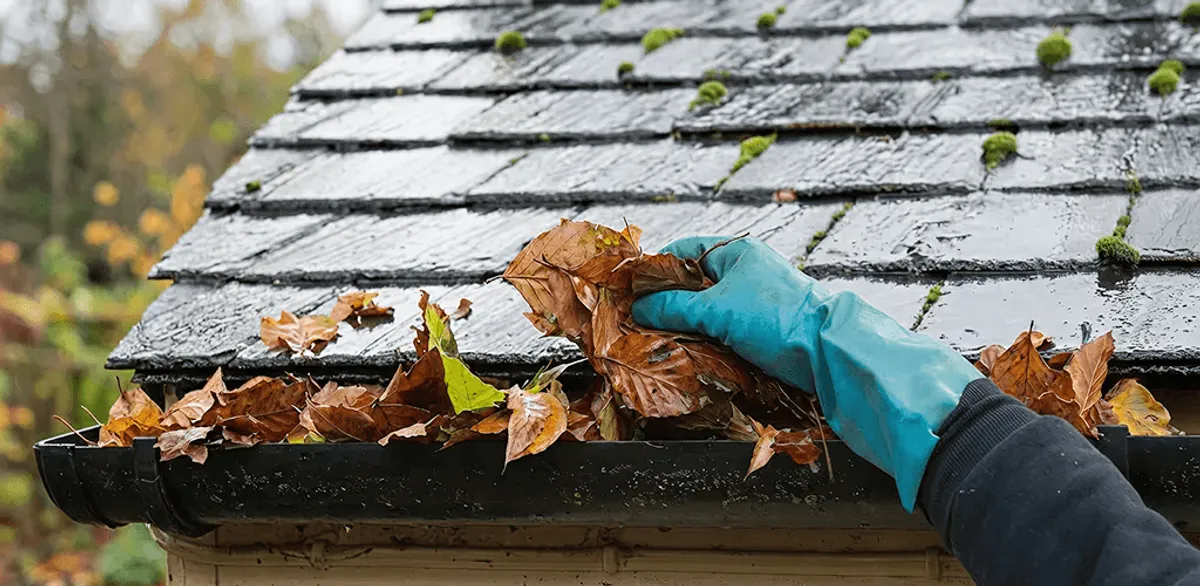 Gutter cleaning technician clearing wet leaves from roof gutters in Pueblo, CO
