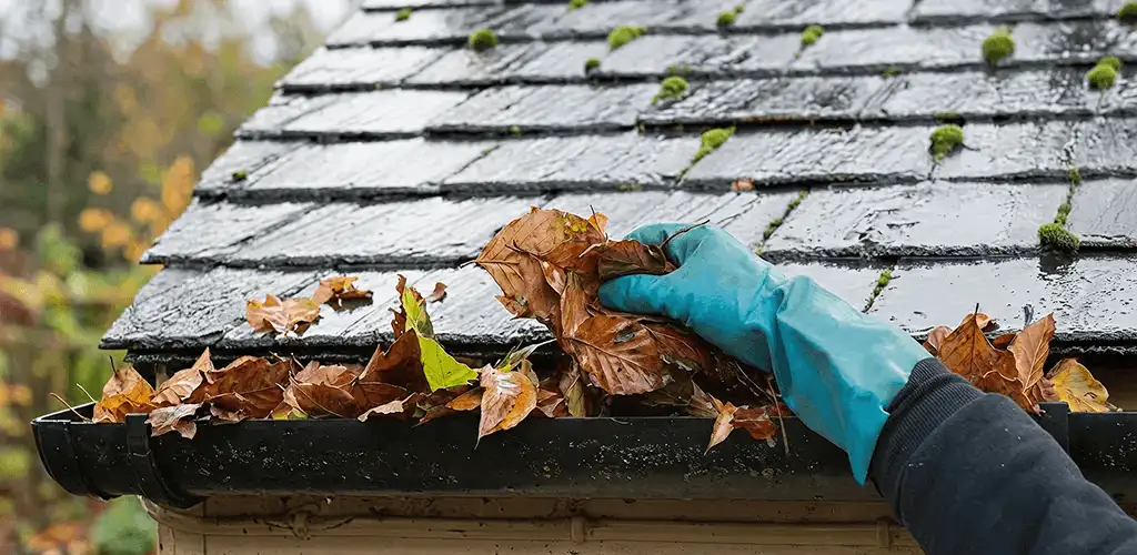Gutter cleaning technician clearing wet leaves from roof gutters in Pueblo, CO