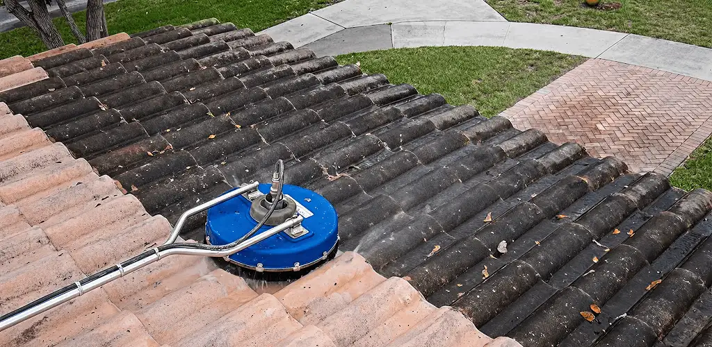 Roof pressure cleaning removing debris and buildup from roof tiles in Pueblo, CO