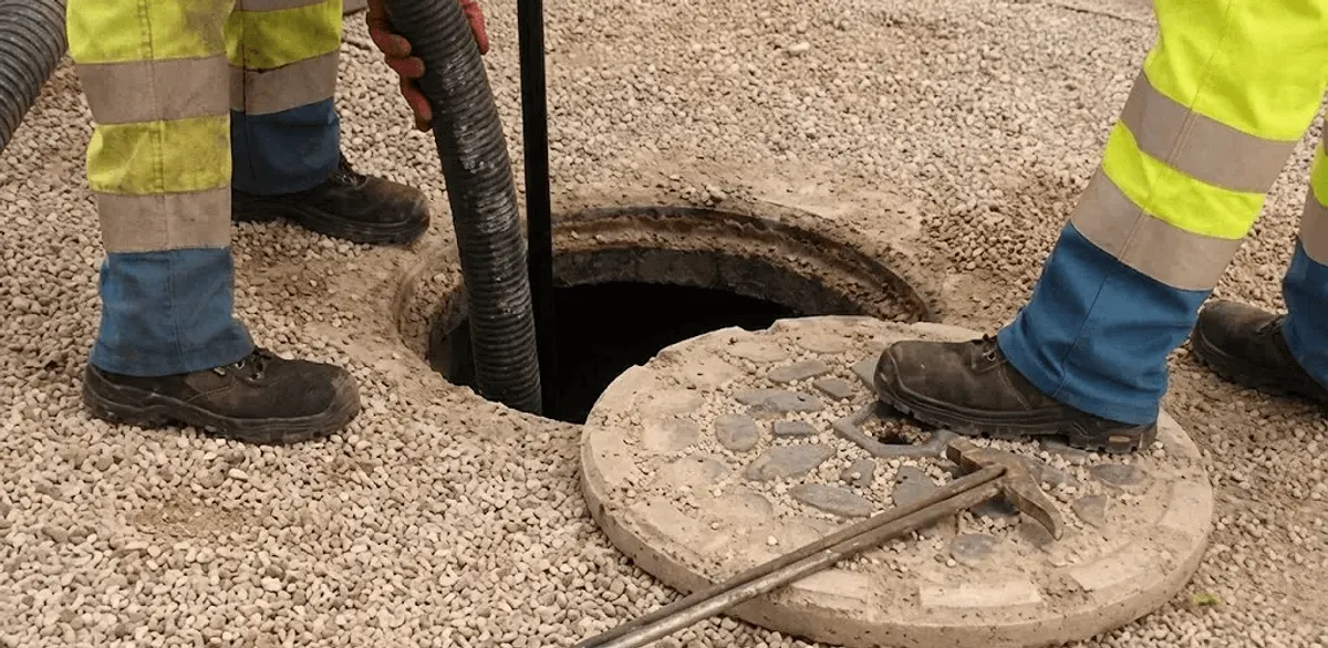 Drain cleaning crew clearing a sewer access point with professional equipment in Pueblo, CO