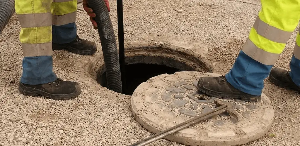 Drain cleaning crew clearing a sewer access point with professional equipment in Pueblo, CO