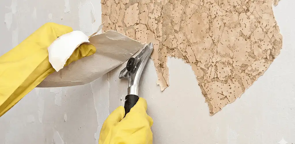 Wallpaper removal service stripping old wallpaper from a wall in Pueblo, CO