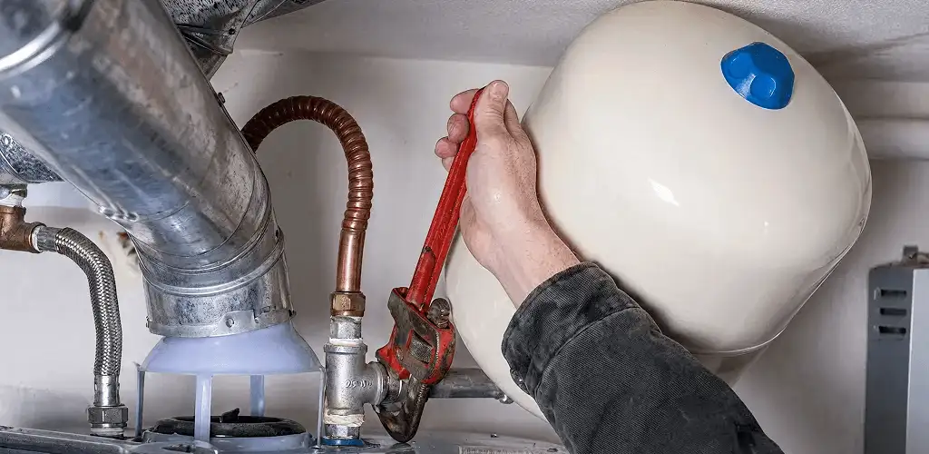 Water heater repair technician tightening plumbing connections near a tank unit in Pueblo, CO
